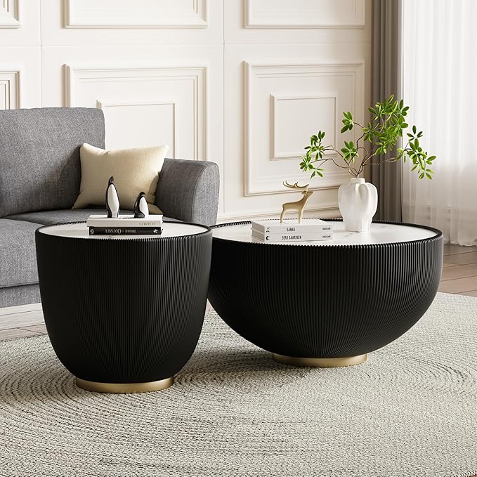 Round Coffee Table Set of 2, 2 Piece Luxury Cup Shape Leather End Tables Living Room Sets, Modern Circle Bedroom Side Sofa Tables Set of 2 with PU Leather for Living Room Bedroom