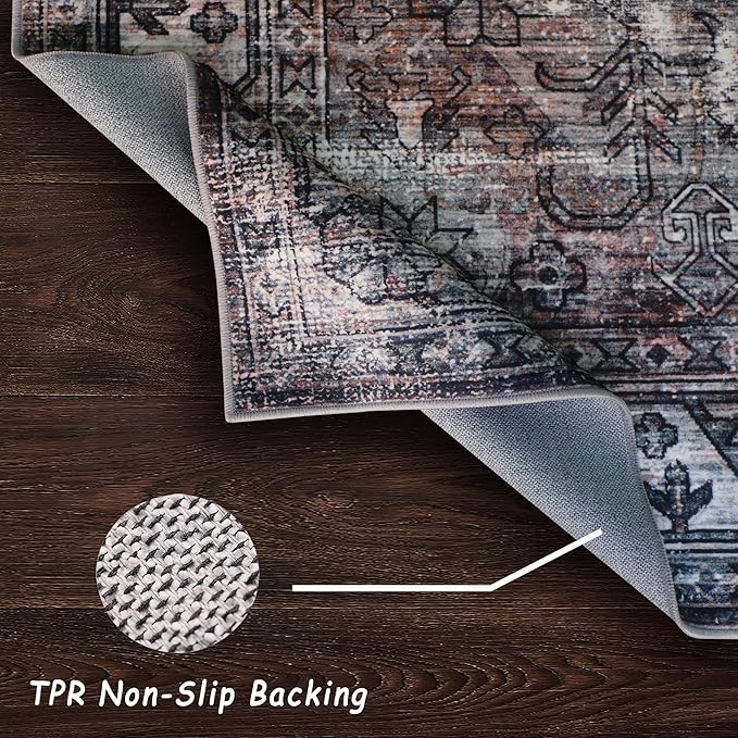 vivorug 8x10 Area Rugs - Ultra-Thin Washable Rug with Non-Slip Backing, Ideal for Living Room, Bedroom, Kitchen Floor Carpet - Vintage Style, Easy Clean, Durable, Low Pile Rug (Taupe/Stone)