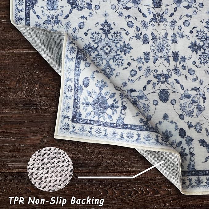 vivorug 9x12 Area Rugs, Stain Resistant Washable Rug for Living Room, Floral Rug Vintage Inspired (Ivory/Blue, 9'x12')