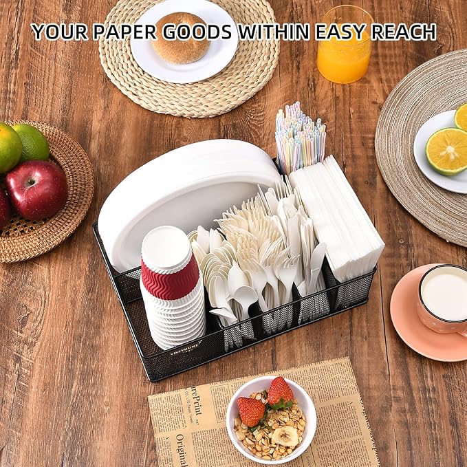 Paper Plate Organizer for Countertop, Metal Silverware Caddy with 6 Compartments for Cup, Napkin, Utensil Holder Caddy for Party, Camping, Picnic