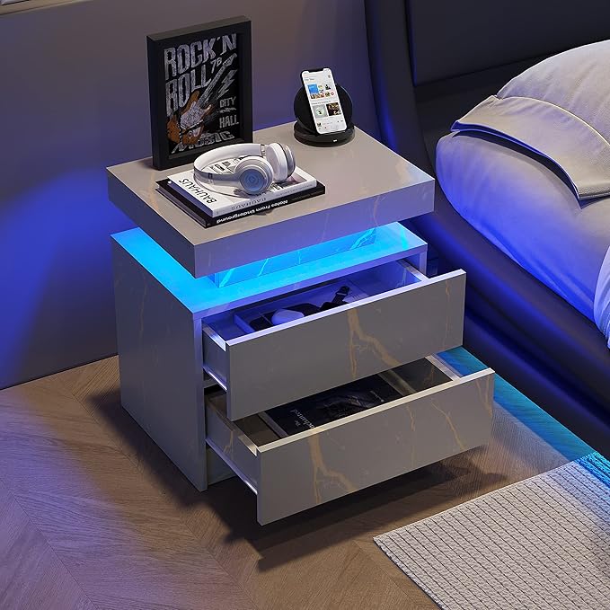 LED Nightstands Set of 2, Modern End Side Table with 2 Drawers, LED Bedroom Furniture for Bedroom and Living Room, Grey Marble Pattern