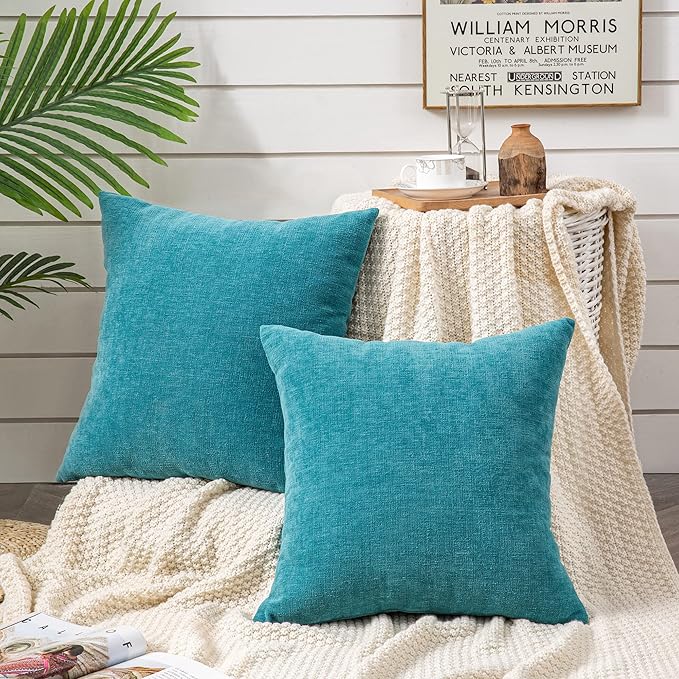 GAWAMAY Decorative Square 16x16 Inch Throw Pillow Covers Set of 2, Super Soft Chenille Pillows Farmhouse Fall Pillowcase for Living Room Bedroom Sofa Couch Cushion Cover Teal 40x40cm (No Insert)