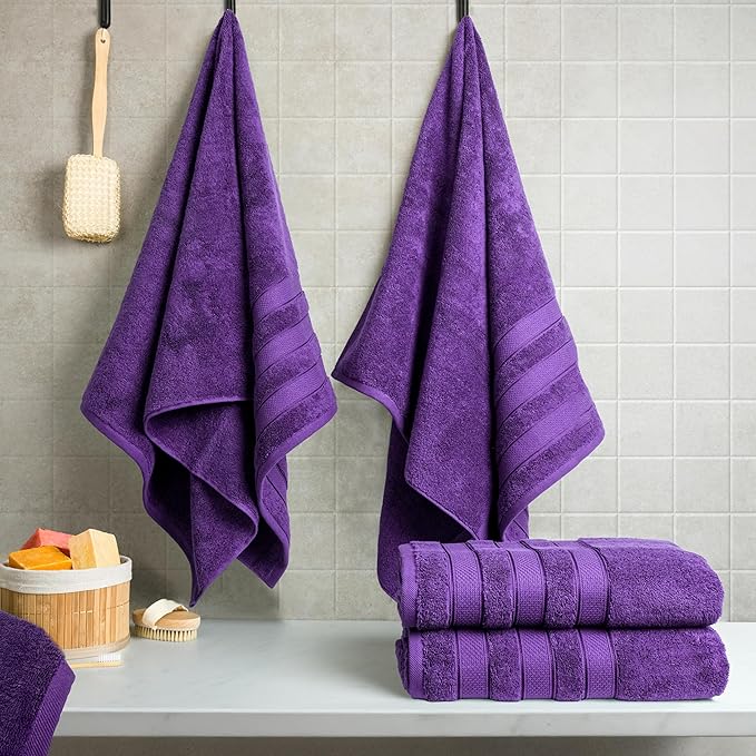 American Soft Linen Salem 100% Cotton Turkish 4 Piece Bath Towels for Bathroom, 600 GSM Soft Absorbent Quick Dry Bath Towel Set, Purple