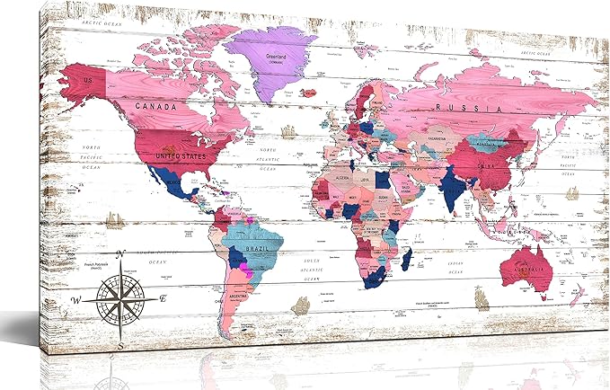 ZHAOSHOP Large World Map Canvas Wall-Art - Wall Decor for Girls Bedroom - Pink Pictures Wall Decor Ready to Hang Size 59" x 29"