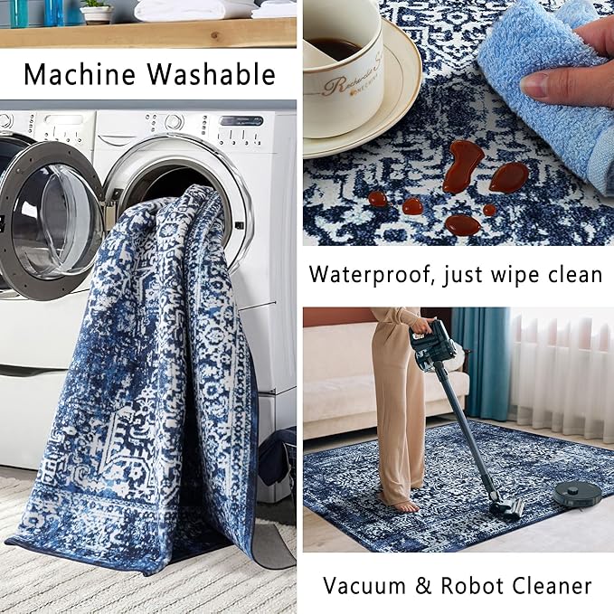vivorug 8x10 Area Rugs, Stain Resistant Washable Rug for Living Room, Vintage-Inspired (Navy Blue, 8'x10')