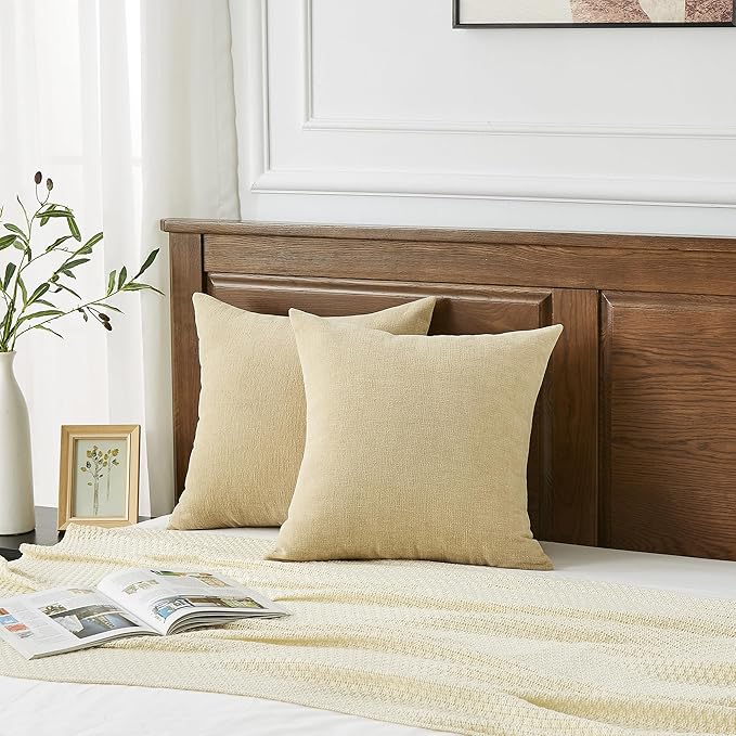 GAWAMAY Decorative Chenille Throw Pillow Covers 24x24 Inch Pack of 2, Soft Square Couch Pillow Cover for Sofa Cushion Living Room Bedroom Solid Dyed Pillowcases Khaki 60x60cm (ONLY Covers)