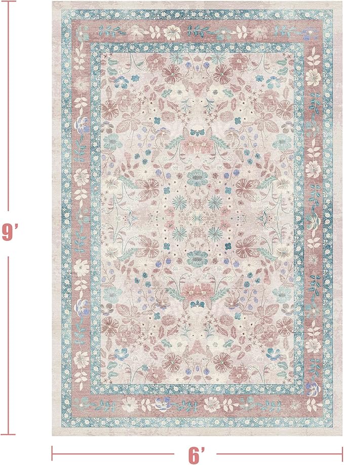 Pink Floral Area Rug 6x9 for Living Room Deerly Boho Vintage Large Washable Non-Slip Bedroom Carpet Low Pile Thin Floor Mat Indoor for Playroom Nursery Kids Girls Room Farmhouse, Light Pink/Blue/Multi
