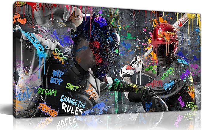 JKWALL77 Graffiti Baseball Wall-Art - Wall Decor for Bedroom Teen Boy - Sports Wall Decor Ready to Hang 40" x 20"