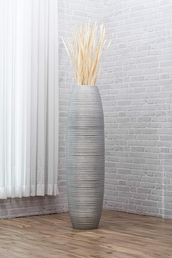 Leewadee Large Silver Home Decor Floor Vase – Wooden 43 inches Tall Farmhouse Decor Flower Holder for Fake Plant and Pampas Grass