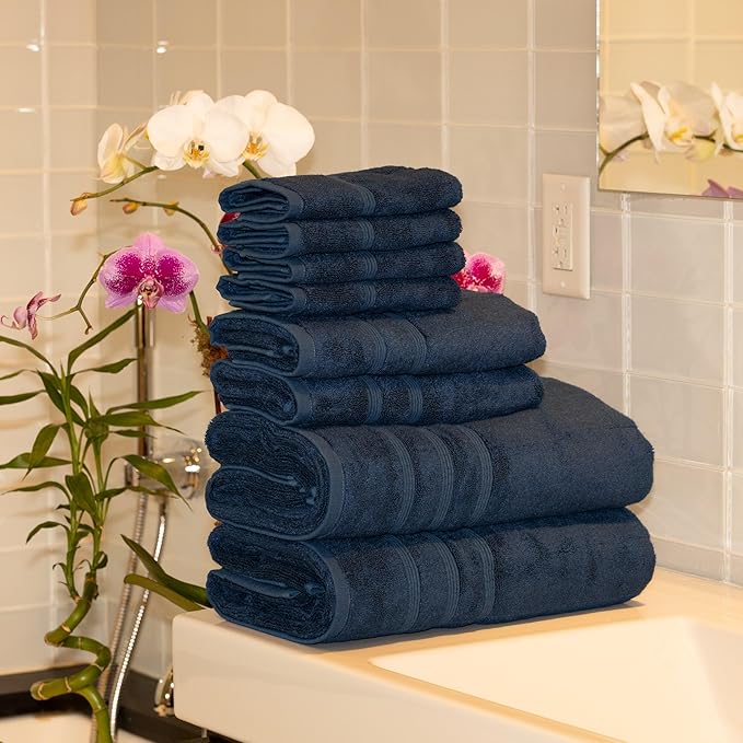 Mosobam Luxury Turkish 12pc Towel Set 30X58 16X30 13X13 Navy Blue 700 GSM Bamboo Viscose & Aegean Turkish Combed Cotton