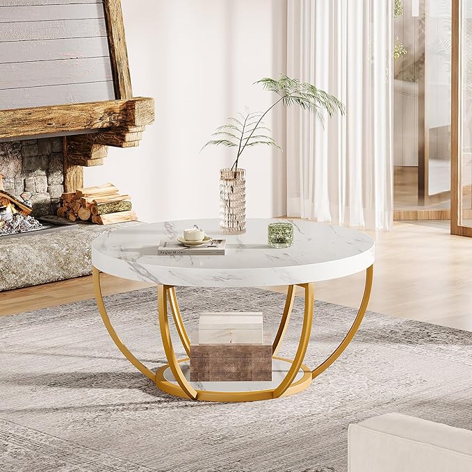 Tribesigns Modern Round Coffee Table, 2 Tier Coffee Table with Faux White Marble and Golden Metal Legs, Circle Center Table Tea Table Accent Furniture for Living Room, White and Gold