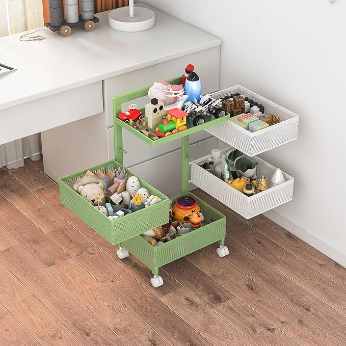 Fruit Basket for Kitchen No Assembly 4-Tier Rotating Storage Rack, Vegetable Storage Cart，Bathroom Shelf,Storage Drawer Cart,Kitchen Organizers and Storage Cart(Green White, 4 Tier-Square)