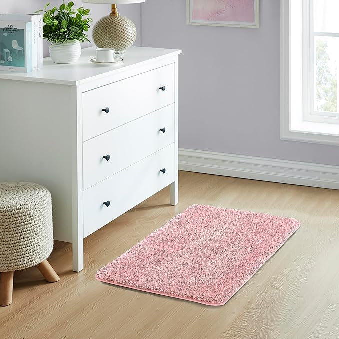 YHF Bathroom Rugs 20" X 32", Extra Thick & Soft Microfiber Shaggy, Machine Washable Bath Mats, Absorbent Bath Rugs, Non-Slip Rubber Backing Bath Mat for Bathroom Floor, Tub and Shower, Pink