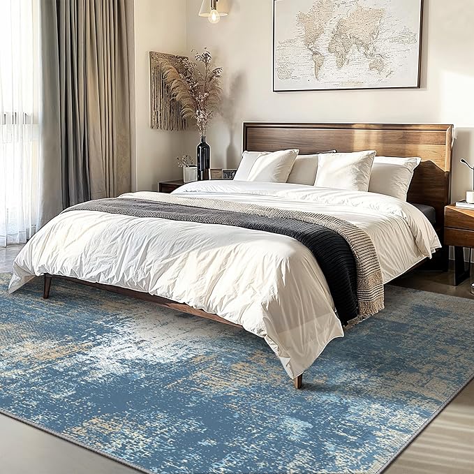 GENIMO Washable Area Rugs for Living Room Bedroom, 8x10 Modern Abstract Non Slip Rug, Low Pile Soft Contemporary Indoor Floor Carpet Cover for Dining Room Kitchen, Mist Blue