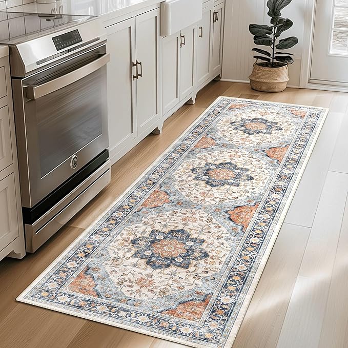 vivorug Runner Rug 2'x8' Washable Non-Slip Boho Runners for Hallways Kitchen Entryway Laundry Room Carpet Hallway Runner Orange/Navy