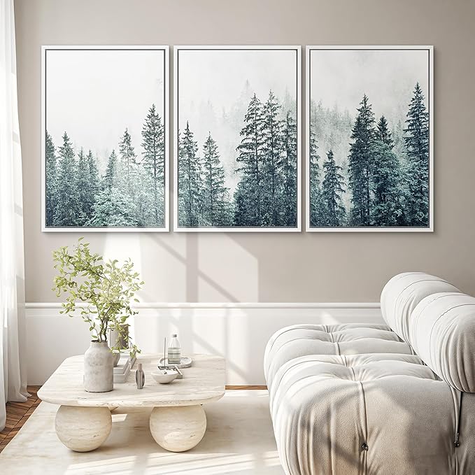 SIGNWIN Framed Canvas Print Wall Art Woodland Nursery Decor Set Film Grain Misty Mountain Pine Trees Nature Wilderness Modern Art Chic Landscape for Living Room, Bedroom, Office - 16"x24"x3 White