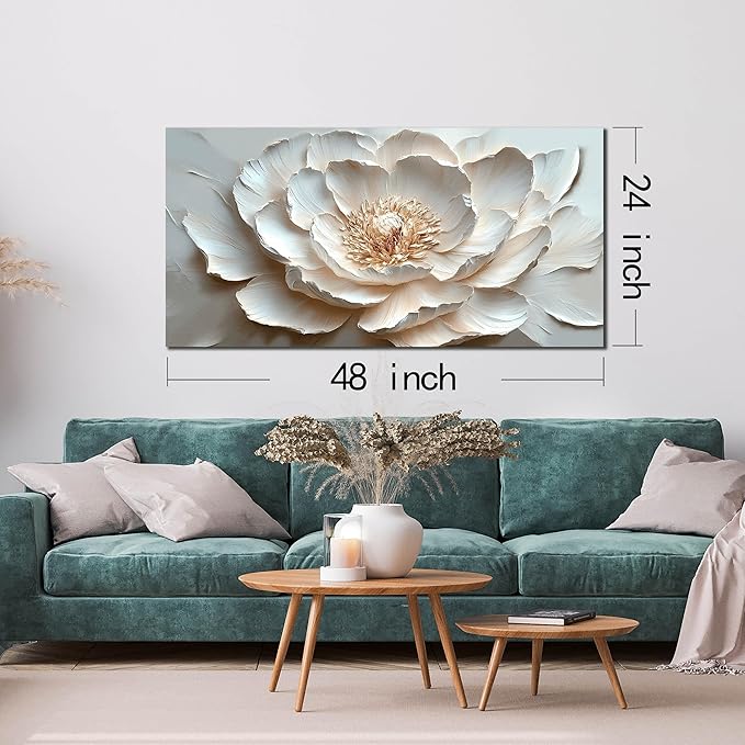 White Flower Canvas Wall Art for Bedroom - Floral Pictures Wall Art for Living Room - Girls Room Decor Ready to Hang Size 24" x 48"