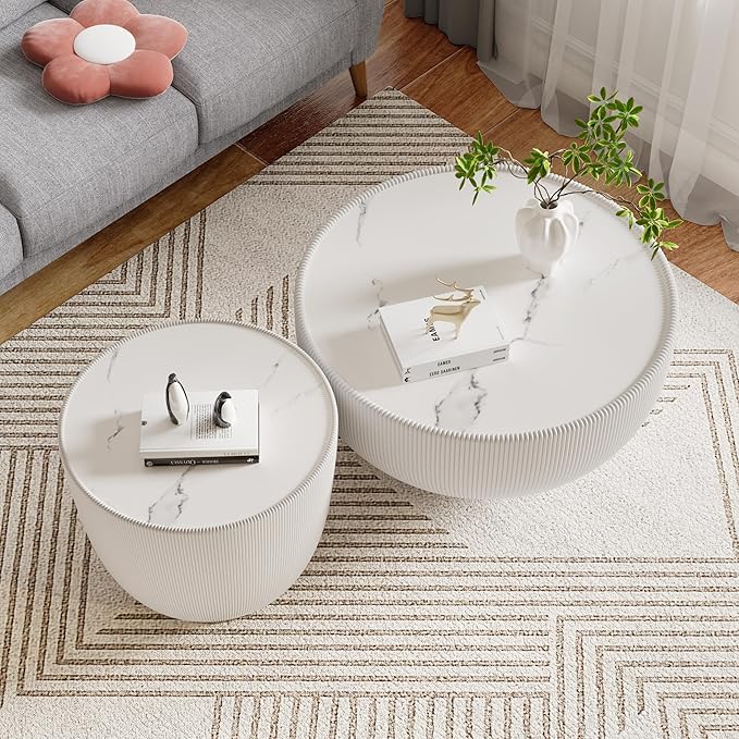 Round Coffee Table Set of 2, 2 Piece Luxury Cup Shape Leather End Tables Living Room Sets, Modern Circle Bedroom Side Sofa Tables Set of 2 with PU Leather for Living Room Bedroom