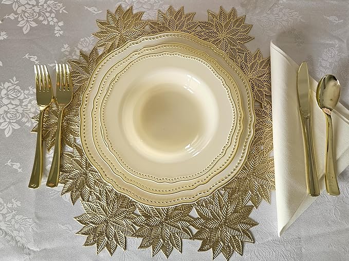 " OCCASIONS " 240 Plates Pack,(120 Guests) Heavyweight Premium Disposable Plastic Plates Set -120 x 10.25'' Dinner + 120 x 7.5'' Salad/Dessert (Rochelle Ivory and Gold)