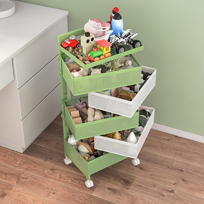 Rotating Kitchen Storage Rack No Assembly, Fruit Basket,Bathroom Storage Cart,Kitchen Organizers and Storage Cart on Rolling Wheels(Green White, 5 Tier-Square)