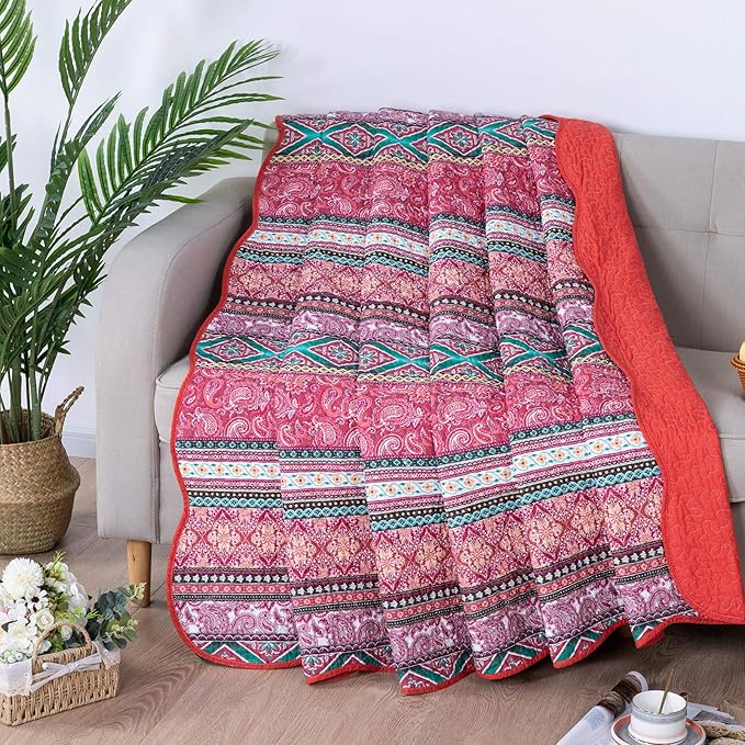 NEWLAKE Quilted Throw Blanket for Bed Couch Sofa, Striped Bohemian Pattern, 60X78 Inch