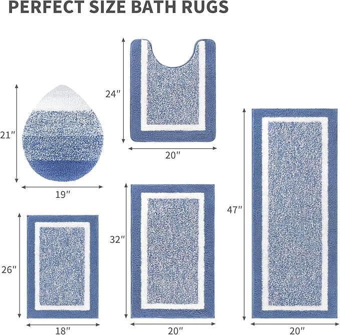 Pauwer Bathroom Rugs Set 5 Piece, Plush Absorbent Microfiber Bath Mats for Bathroom, Non Slip Washable Bath Rug Set with U Shaped Contour Toilet Rugs, Shower Rug and Toilet Lid Cover, Blue