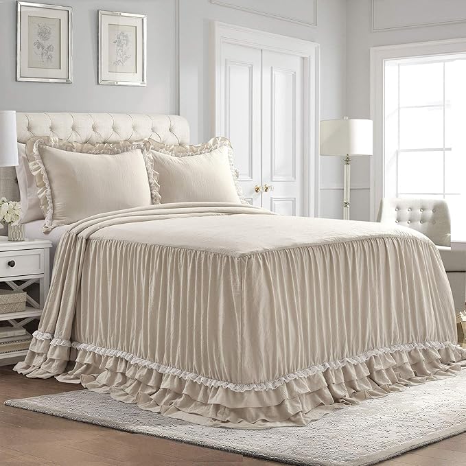 Lush Decor Ella Ruffle Lace Bedspread, 3 Piece Set, Queen, Neutral - Cute Bed Set - Queen Bedding - Beige Bedding - Coquette Decor - Neutral Ruffle Trim - Beige Lace Trim