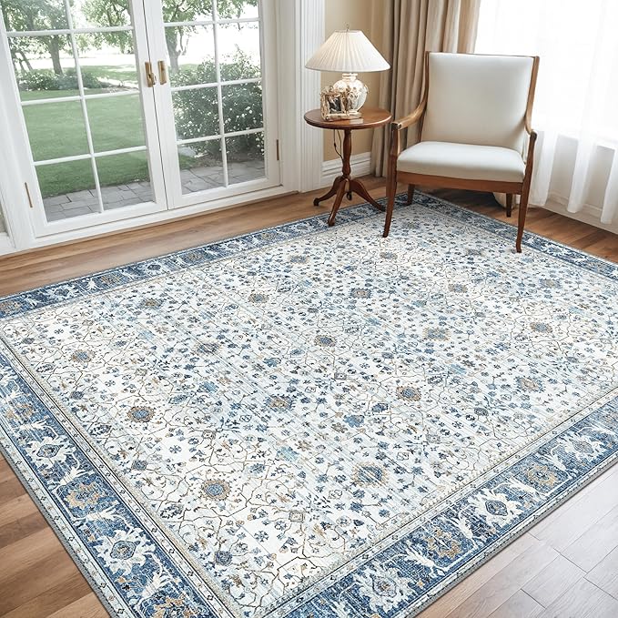 GENIMO Washable Area Rugs for Living Room Bedroom, 8x10 Boho Vintage Non Slip Rug, Low Pile Soft Floral Indoor Floor Carpet Cover for Dining Room Kitchen, Retro Light Blue
