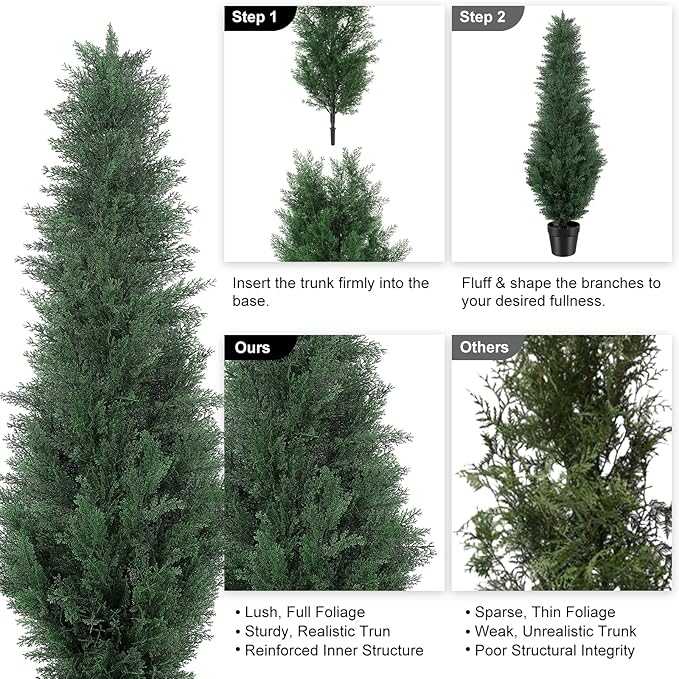 4FT Artificial Cedar Tree - Realistic Faux Cedar Trees for Outdoor Planters - Fake Cypress Trees for Front Porch - Faux Evergreen Plants for Home Porch Decor - Set of 2