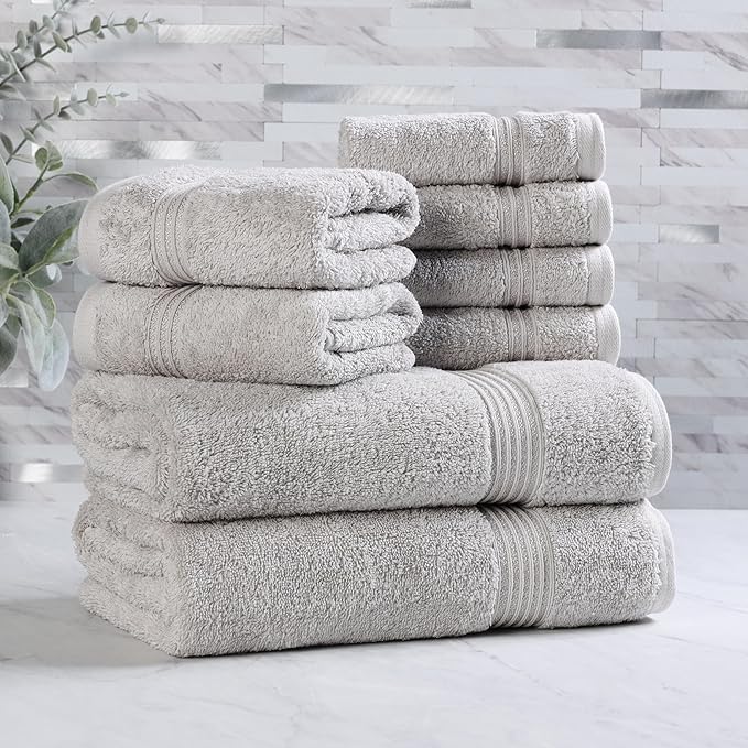 Superior Egyptian Cotton 8-Piece Towel Set, Assorted Towels for Home Bathroom, Guest Bath Decor Essentials, Includes 2 Bath, 4 Hand, 2 Face Towels/Washcloths, Quick Dry, Absorbent, Silver