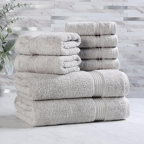 Superior Egyptian Cotton 8-Piece Towel Set, Assorted Towels for Home Bathroom, Guest Bath Decor Essentials, Includes 2 Bath, 4 Hand, 2 Face Towels/Washcloths, Quick Dry, Absorbent, Silver