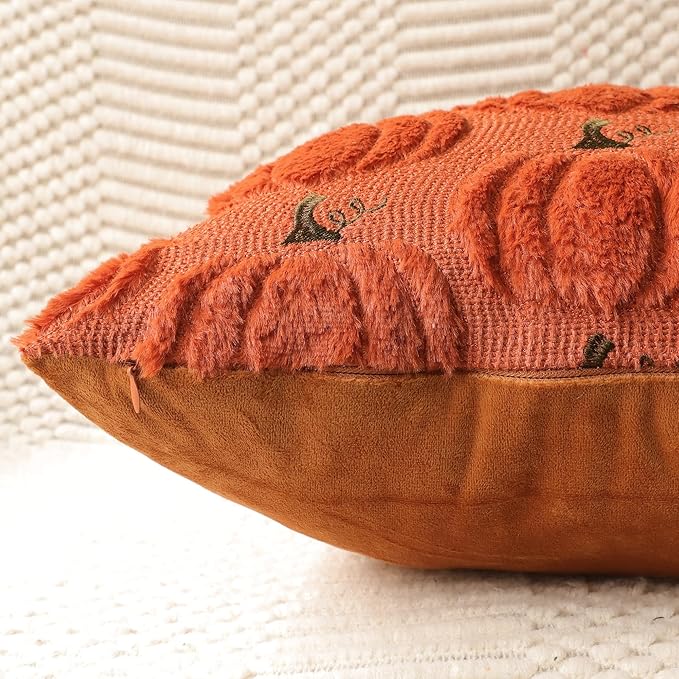 4TH Emotion Fall Pumpkin Decorative Pillow Covers 20x20 Set of 2, Dark Rust Red Soft Plush Faux Fur Wool Farmhouse Throw Cushion Cases for Autumn Thanksgiving Holiday Home Decorations