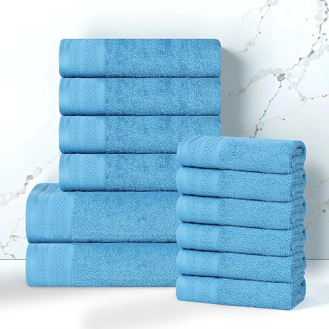 Superior Honeycomb 100% Cotton 500 GSM 12 Piece Bath Towel Set, 6 Washcloths, 4 Hand, 2 Bath Towels, Ideal for Bathroom, Kitchen or Beach, Quick Dry, Jacquard and Solid, Mid-Weight, Azure