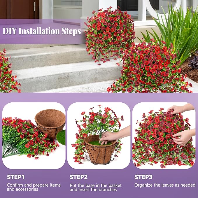 Artificial Fake Hanging Flowers Plants with Basket for Outdoor Spring Decoration, Faux Silk Daisy Flower Real Touch UV Resistant for Outside Porch Patio Garden Yard Home Decor(Red Brown)