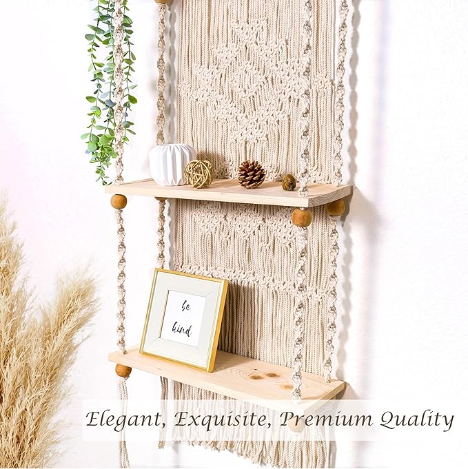 Macrame Wall Hanging Shelf 3 Tier Boho Wall Plant Hanger Shelves, Handmade of Woven Rope Boho Shelves Organizer for Living Room Bathroom Home Storage Floating Plant Rack Bohemian décor