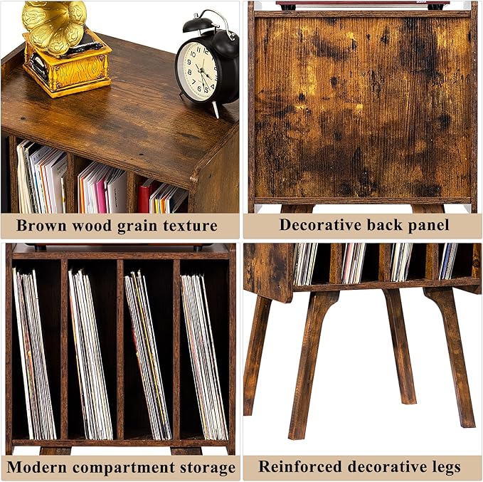 LELELINKY Record Player Stand,Vinyl Record Storage Table with 4 Cabinet Up to 100 Albums,Rustic Brown Mid-Century Turntable Stand with Wood Legs,Vinyl Holder Display Shelf for Bedroom Living Room