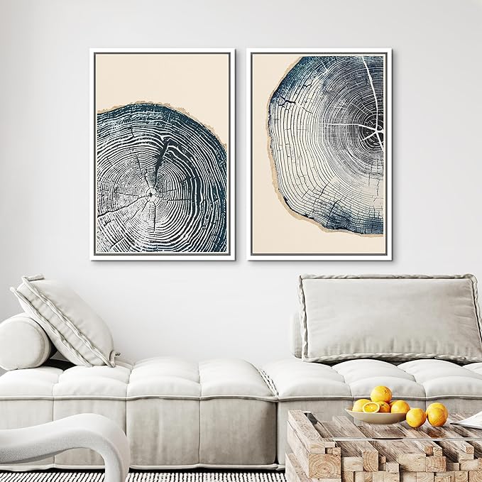 MUDECOR Framed Canvas Print Wall Art Navy Blue Wood Tree Ring Nature Illustration Modern Art Decorative Multicolor Geometric Minimal for Bedroom - 24"x36"x2 White