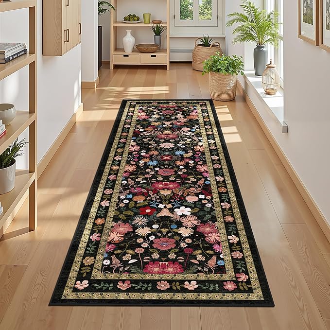 Deerly Runner Rug for Hallways Kitchen Bedroom 2x6 Washable Vintage Boho Bathroom Runner Rugs Non-Slip Soft Low Pile Thin Indoor Carpet Runner for Laundry Room Farmhouse Rug, Black/Multi