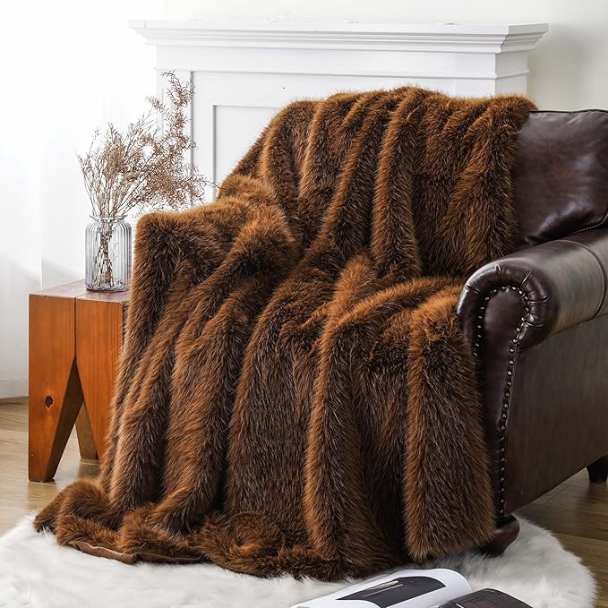 BATTILO HOME Luxury Fluffy Faux Fur Throw Blanket, Golden Brown Faux Fur Blanket for Couch, Sofa, Chair, Bed, Furry Silky Fur Throws with Long Pile, 50"x60"