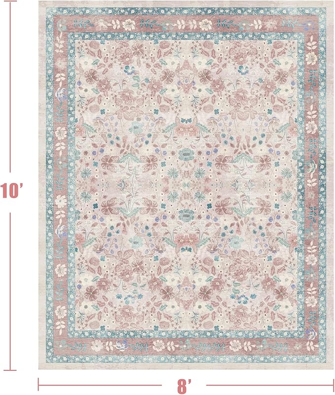 Deerly Pink Washable Floral Rugs 8x10 Large Vintage Living Room Carpet Boho Non-Slip Soft Low Pile Thin Bedroom Floor Mat Indoor for Playroom Nursery Kids Girls Room Farmhouse, Light Pink/Blue/Multi