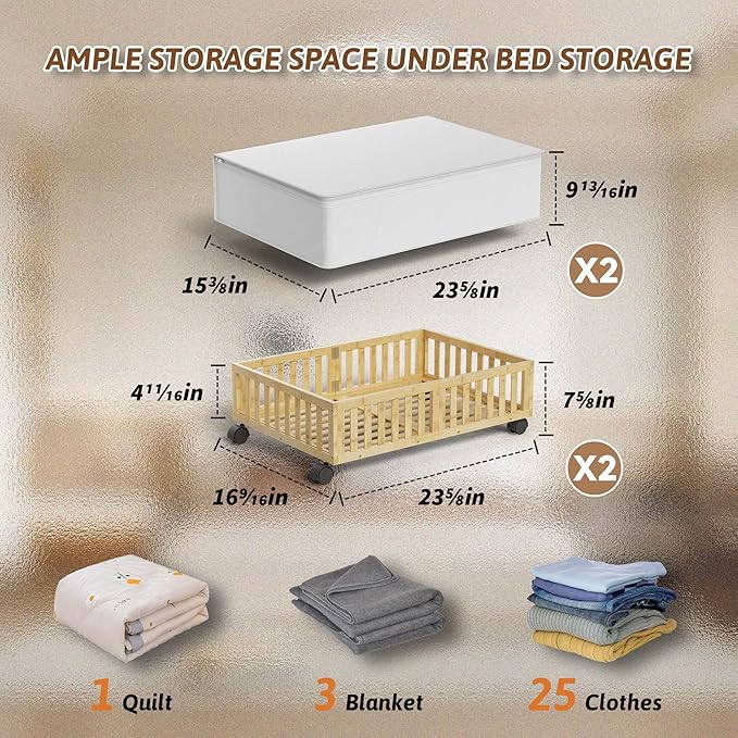 Bamboo Under Bed Storage Containers with Wheels, 2 Pack Under the Bed Shoe Storage Bins, Wood Rolling Underbed Drawers with Bag Organizer for Bedroom, Sheets Clothes Blanket Comforter, Under Crib Toy