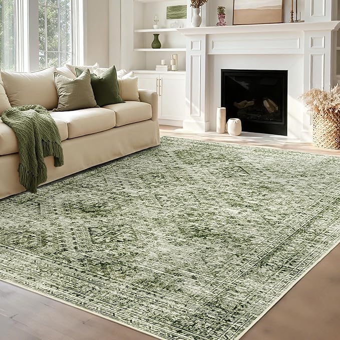 MIULEE 8x10 Vintage Washable Area Rugs Living Room Rug Low Pile Boho Farmhouse Floor Mat for Bedroom Dining Room Under Kitchen Table, Non-Slip Stain Resistant Soft Large Carpet for Home Decor, Green