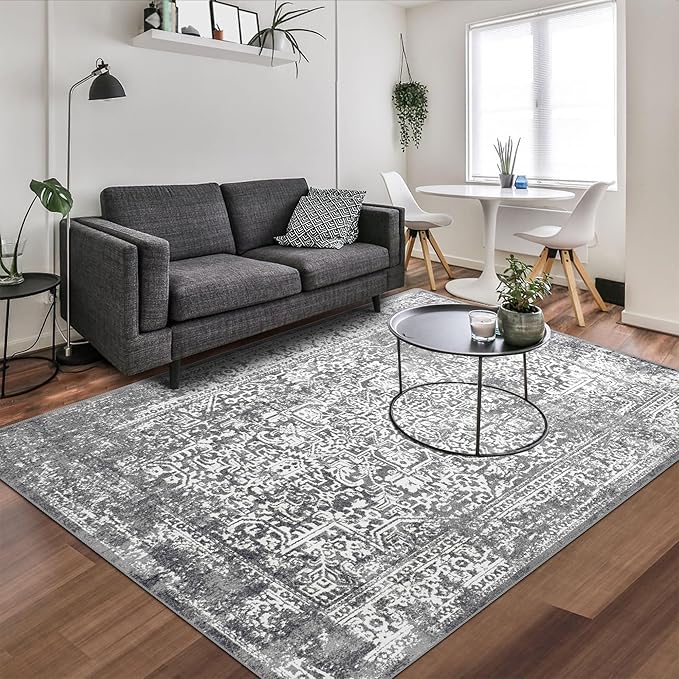 vivorug 4x6 Area Rugs, Stain Resistant Washable Rug for Living Room, Vintage-Inspired Grey Rug
