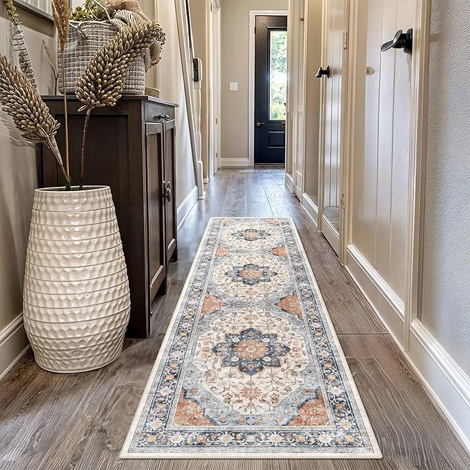 vivorug Runner Rug 2'x8' Washable Non-Slip Boho Runners for Hallways Kitchen Entryway Laundry Room Carpet Hallway Runner Orange/Navy
