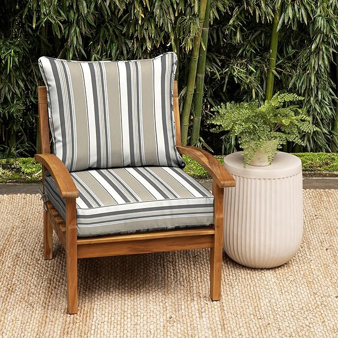 Arden earthFIBER Outdoor Deep Seat Cushion Set, 24 x 24, Rain-Proof, Fade Resistant, Deep Seat Bottom and Back Cushion for Chair, Sofa Taupe Grey Boardwalk Stripe