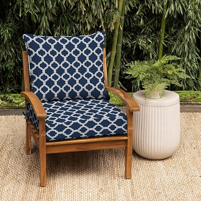 Arden earthFIBER Outdoor Deep Seat Cushion Set, 24 x 24, Rain-Proof, Fade Resistant, Deep Seat Bottom and Back Cushion for Chair, Sofa Sapphire Blue Garden Trellis