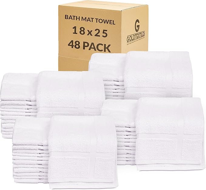 GOLD TEXTILES Cotton Blend Economy White Hotel Bath Mat Towel (18x25 Inches) Light Weight Quick Drying & Machine Washable (48 Pack)