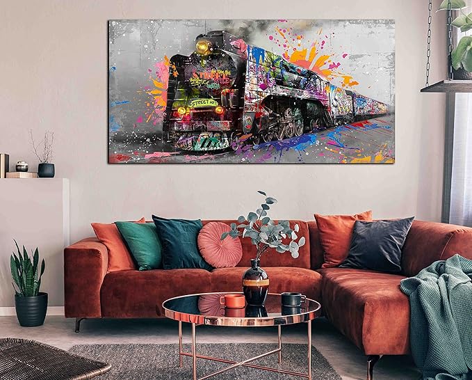 Graffiti Canvas Wall-Art for Living Room Large Size - Wall Art for Teen Boys Bedroom - Train Poster Wall Decor Ready to Hang Size 59" x 29"