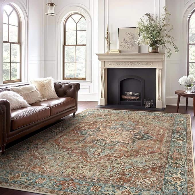 GENIMO Washable Area Rugs for Living Room Bedroom, 8x10 Boho Vintage Non Slip Rug, Low Pile Floral Indoor Floor Carpet Cover for Dining Room Kitchen, Red/Multi