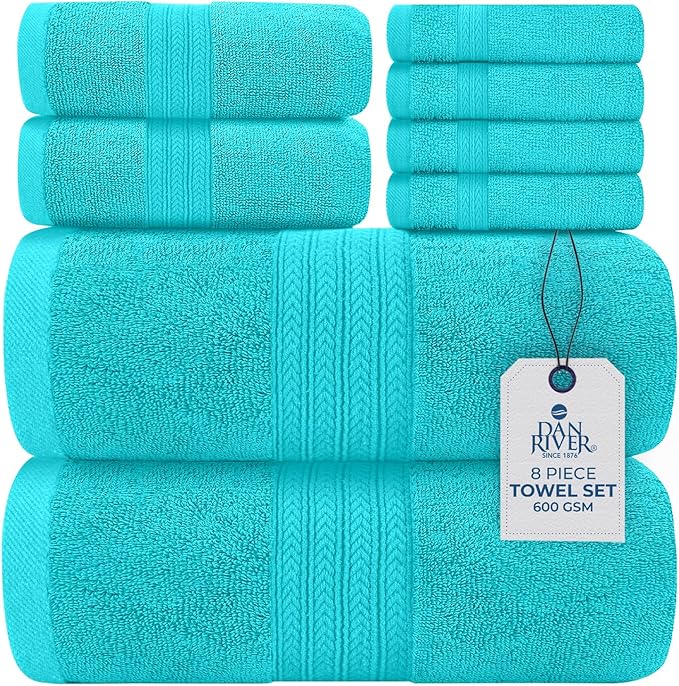 DAN RIVER 8 PC Luxury Bath Towels for Bathroom, 2 Bath, 2 Hand, and 4 Wash Cloths, 600 GSM 100% Ring Spun Cotton Towel Set, Highly Absorbent, Gym, Hotel, and Spa, Aqua